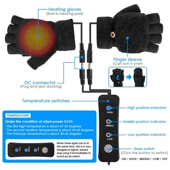 1 чифт ръкавици с USB-топъл басейн, топли зимни ръкавици с USB нагряване на полпальца, ръкавици без пръсти