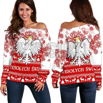 Коледен женски пуловер YX МОМИЧЕ Polska с открити рамене, нов 3D принтом, Женски случайни пуловер с дълъг ръкав, пуловер