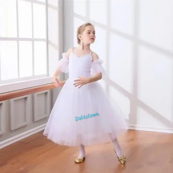 Ново Професионално Балетное рокля-пакетче с дълъг Тюлевым рокля за момичета, балетное рокля с Бял лебед, Детски Танцов костюм на Балерина за момичета