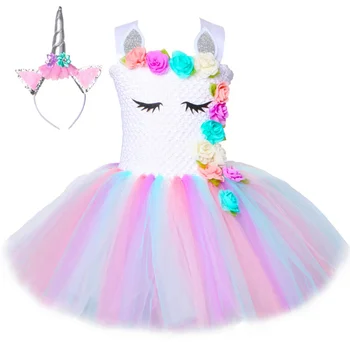 Рокля с единорогом за момичета в цветенце, пастельное преливащи рокля-пакет за момичета за рожден ден, детски костюм принцеса-еднорог на Хелоуин от 1 до 14 години